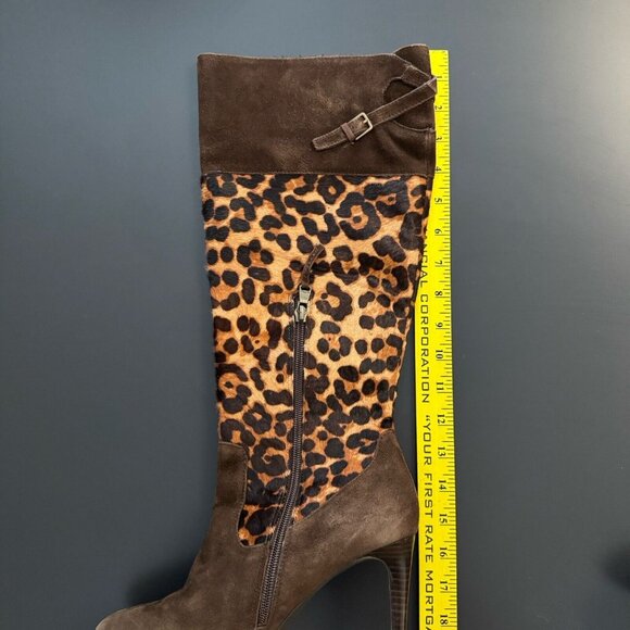 RALPH LAUREN Halina Brown Suede Leather Animal Hair Calf High Boots Heels Size 8 - Picture 12 of 14